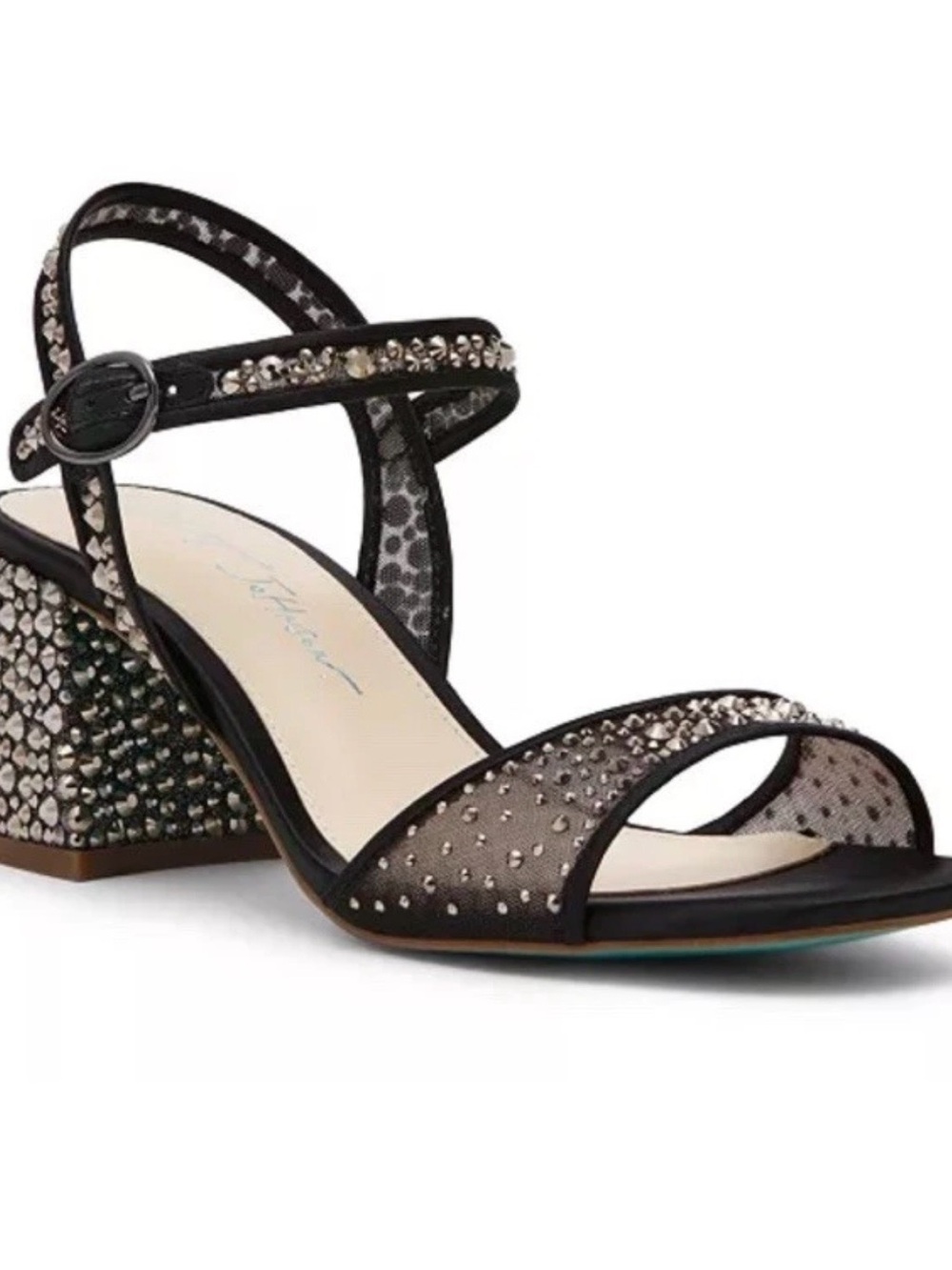 Betsey Johnson Black Mesh Crystal Block Heel Sandals